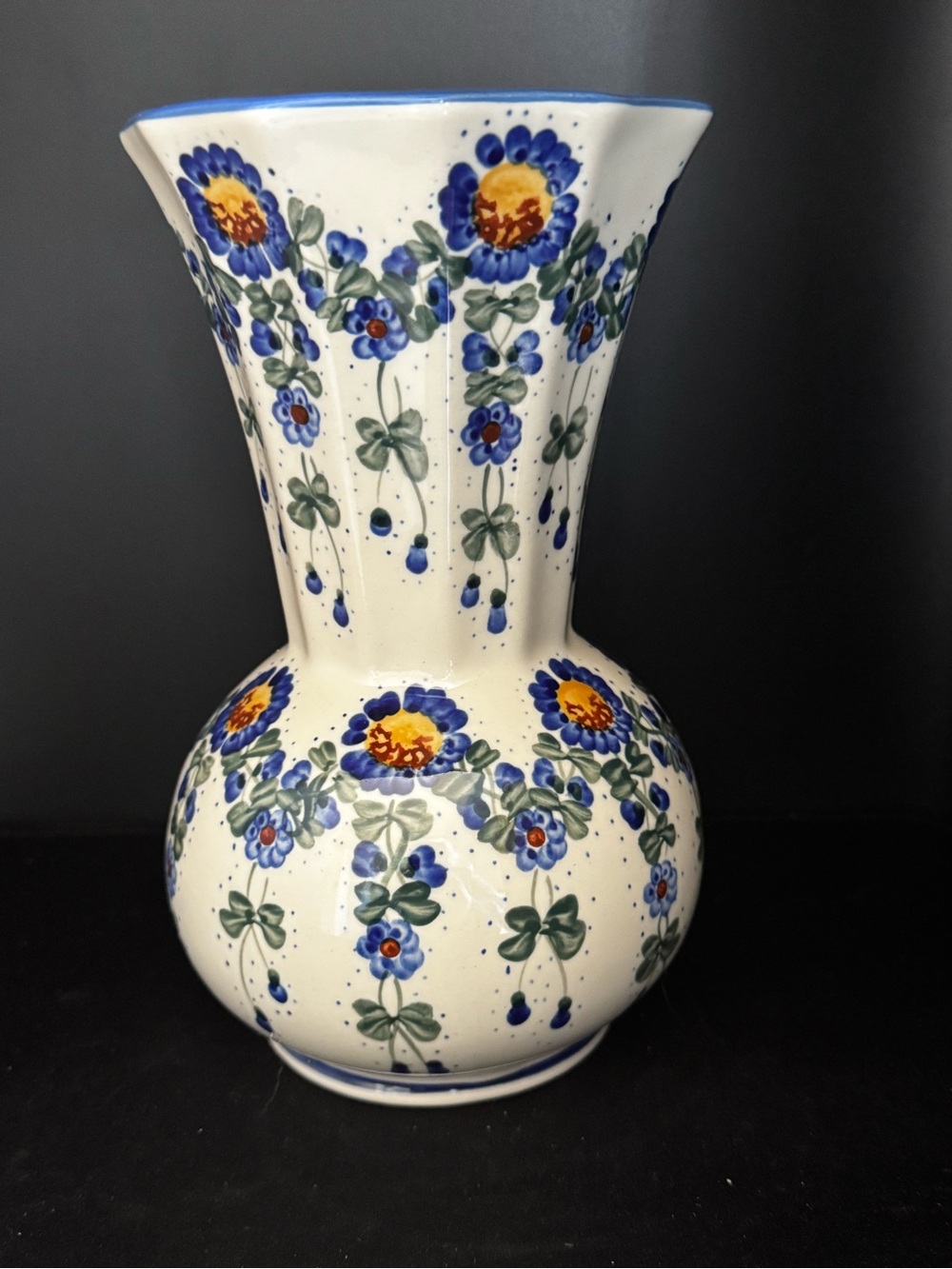 Vintage Polish Pottery Vase Floral Blue 9.5”